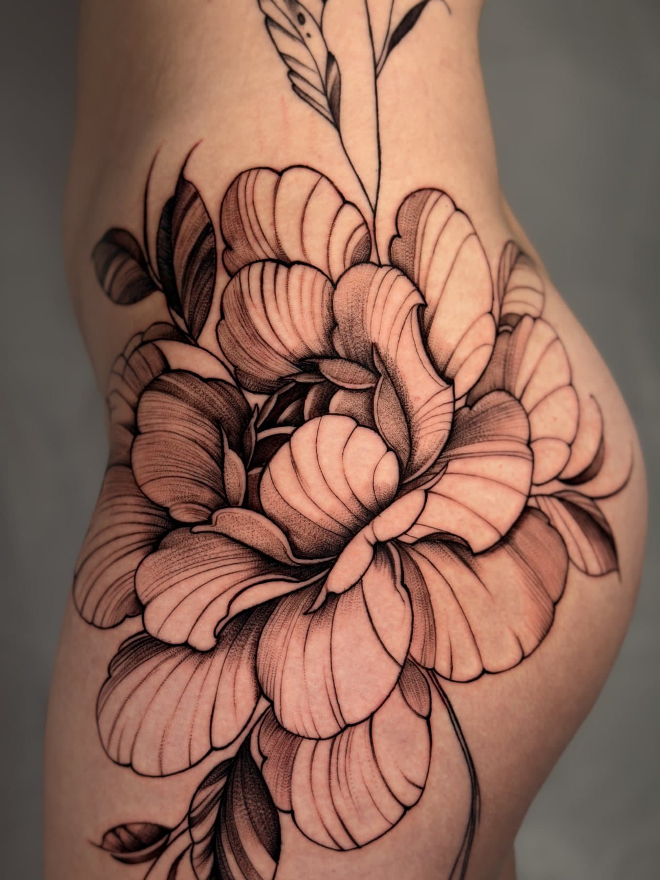 Large black and grey fine line peony tattoo with stippled shading, flowing along the hip